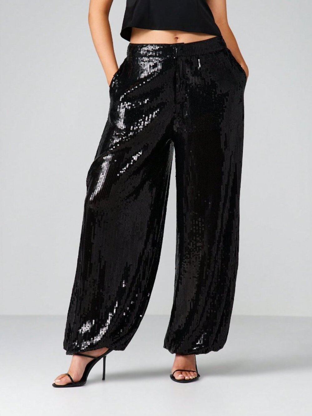 Black Party Women's Sequin Wide Leg Palazzo Pants High Rise Evening Trousers - Picture 4 of 4